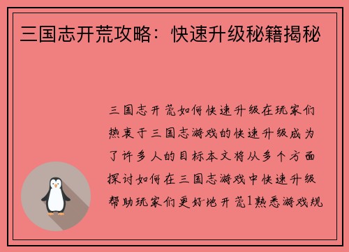 三国志开荒攻略：快速升级秘籍揭秘