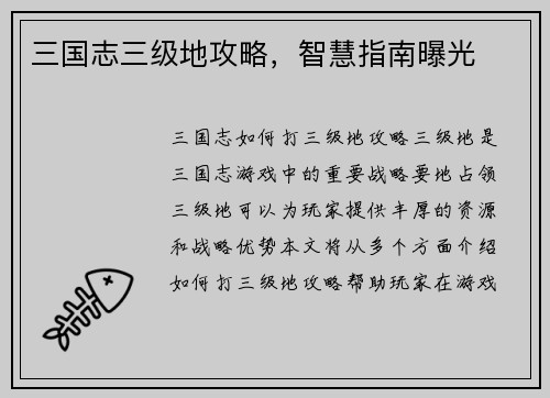 三国志三级地攻略，智慧指南曝光